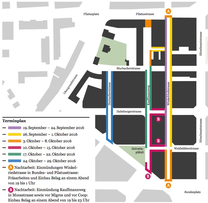 Das ist der Fahrplan für das Feintuning an den Trottoirs im Hirschmattquartier. Ende Oktober wird auch auf dem letzten Abschnitt, der Dornacherstrasse, alles fertig sein (Grafik: Stadt Luzern).