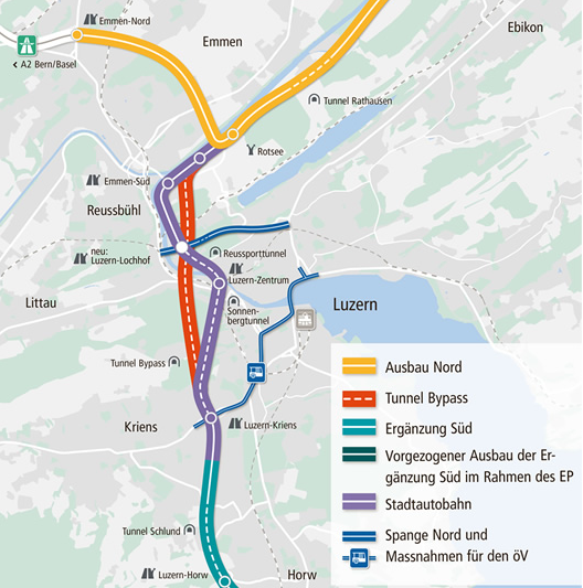 Das Wichtigste in dieser Grafik: Der geplante Bypass-Tunnel (rot eingezeichnet) soll die Stadt Luzern umfahren und den bestehenden Tunnel (violett) entlasten.