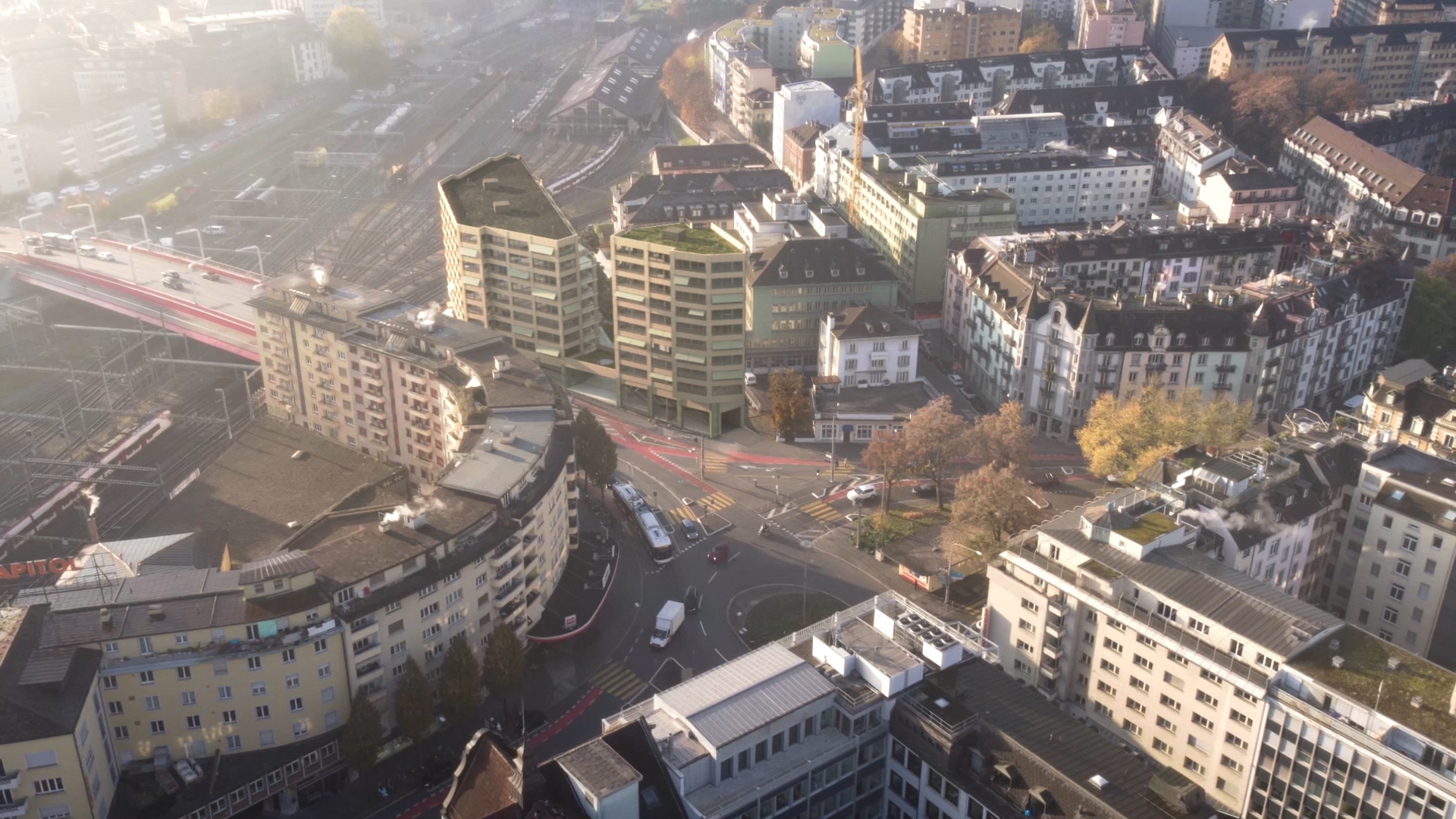 Blick aus der Luft auf die zwei neuen Hochhäuser «Luegisland» eingangs Langensandbrücke.