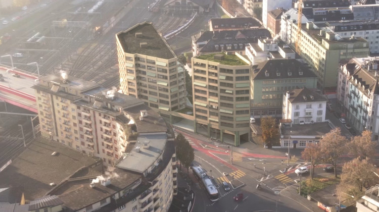 <p>Noch nicht gebaut und schon integriert: Die zwei Wohnkomplexe am Bundesplatz Luzern werden 32 und 35 Meter hoch (Visualisierung).</p>