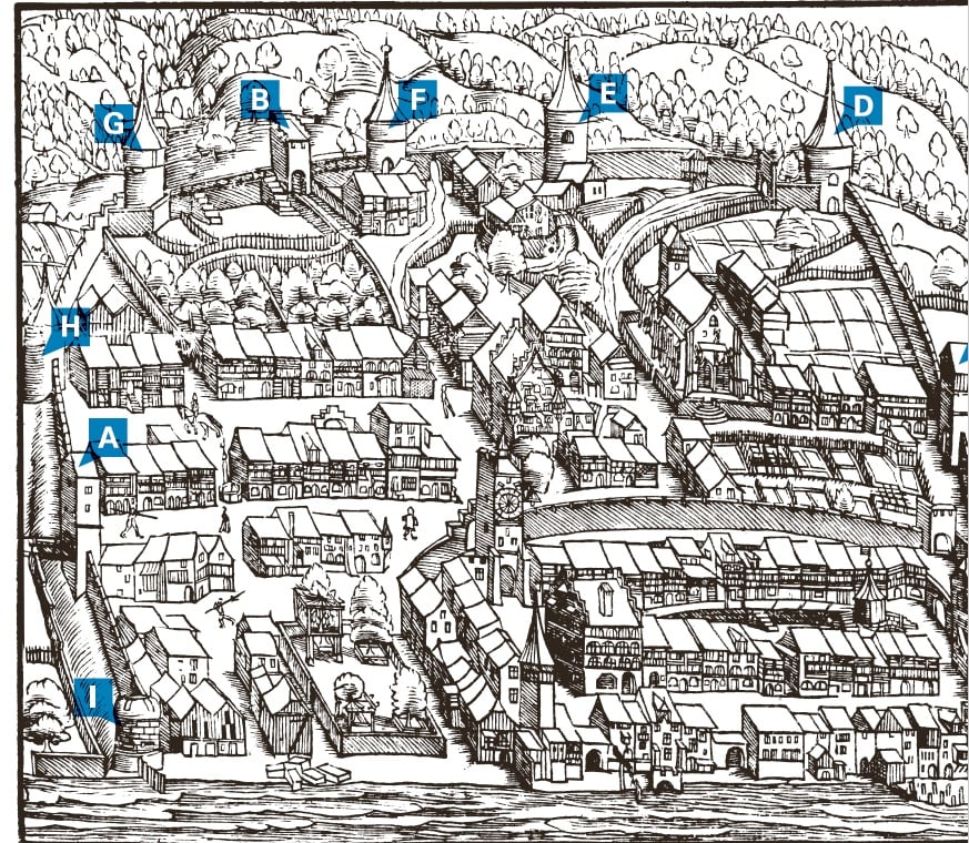 Ansicht der Stadt Zug in der Chronik von Johannes Stumpf (1547).