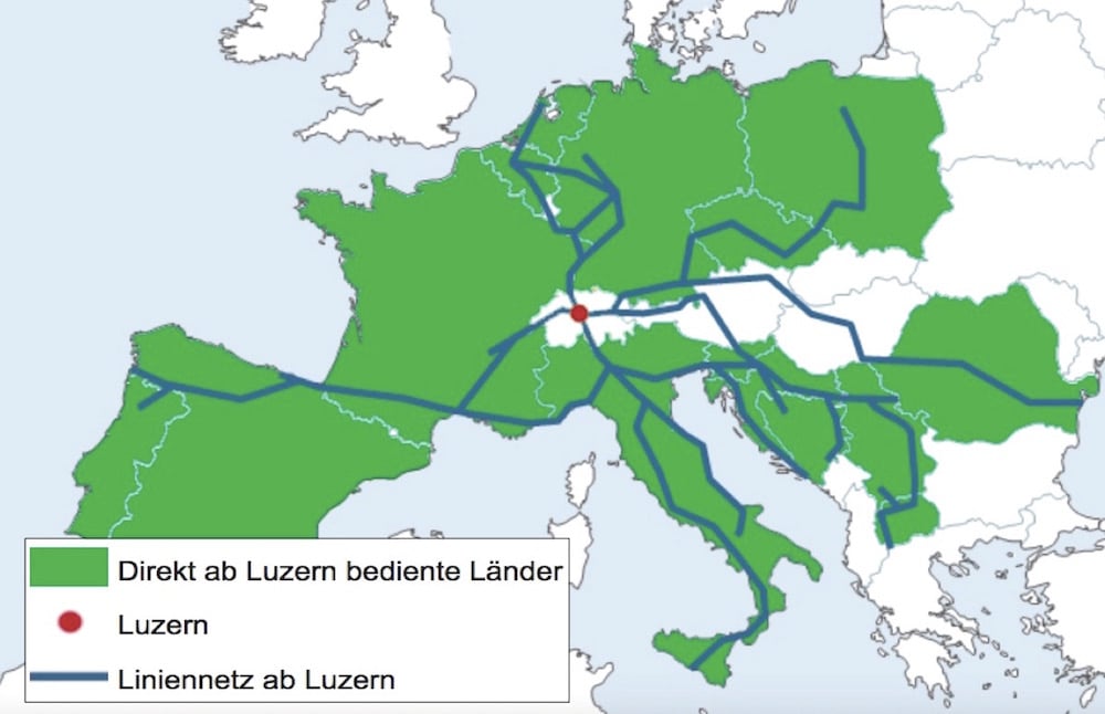 Von Luzern aus bedienen Fernbusse europaweit zahlreiche Destinationen. (Bild: Luzernmobil.ch, Stand: August 2015)