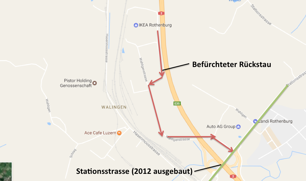 Auf diesem Plan sieht man die Wahligenstrasse, auf der Rückstau bis zur Stationsstrasse befürchtet wurde.