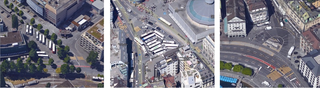 Auf diesen drei Car-Parkplätzen wird das Projekt getestet: Landenberg (von links), Löwenplatz und Schwanenplatz.