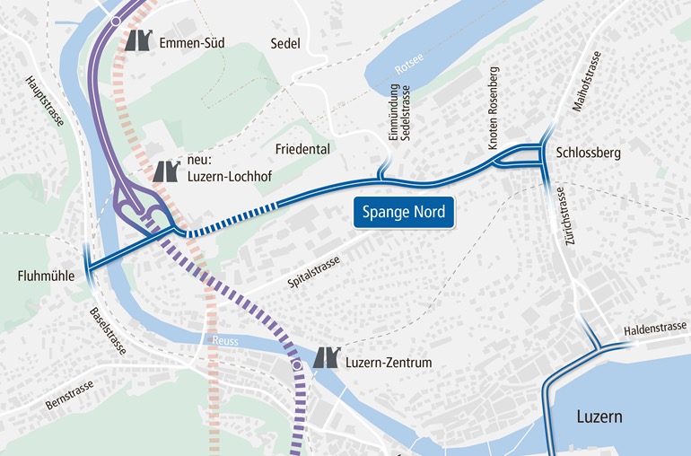 Der gestrichelte Abschnitt der Spange Nord zeigt den geplanten Tunnel unter dem Friedental an. CVP und GLP möchten, dass dieser bis zum Schlossberg verlängert wird.