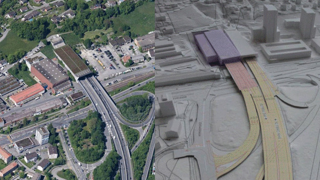 Links: So zeigt sich die Situation in Kriens mit der Einfahrt der Autobahn in den Sonnenbergtunnel aktuell. Rechts: So könnte sie mit dem Bypass aussehen.