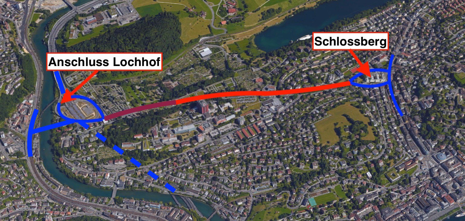 Rot eingezeichnet: Auf dieser Strecke soll die Spange Nord eingetunnelt werden, fordern CVP und GLP. Dunkelrot markiert sind die 350 Meter, die der Kanton eintunneln will.
