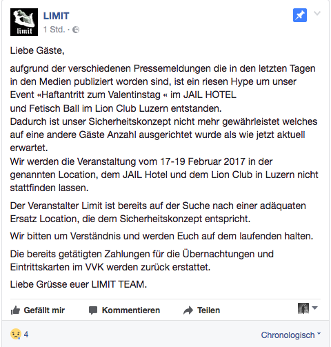 So vermeldet «limit» die Absage des Events auf Facebook.