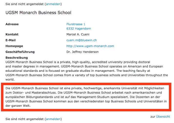 Der Eintrag der Monarch Business School auf der Webseite der Stadt.