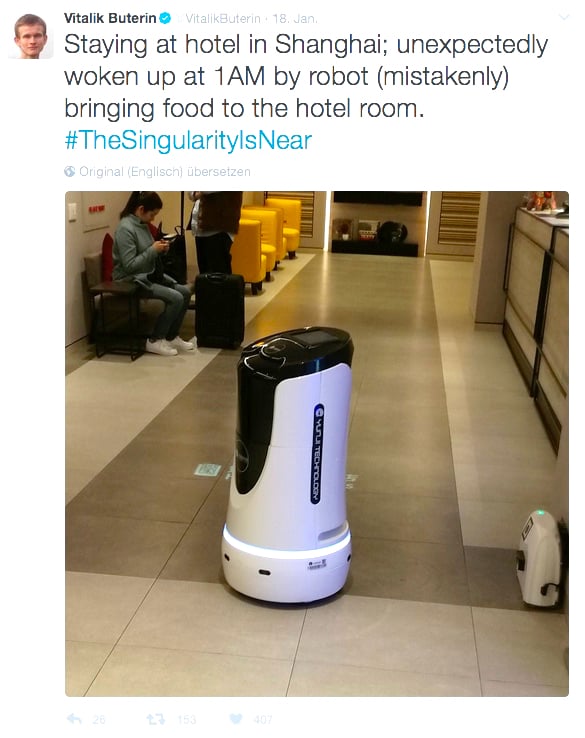 Spuren eines digitalen Nomaden: Buterin meldet sich aus Shanghai, wo ihm ein Roboter Essen bringt.