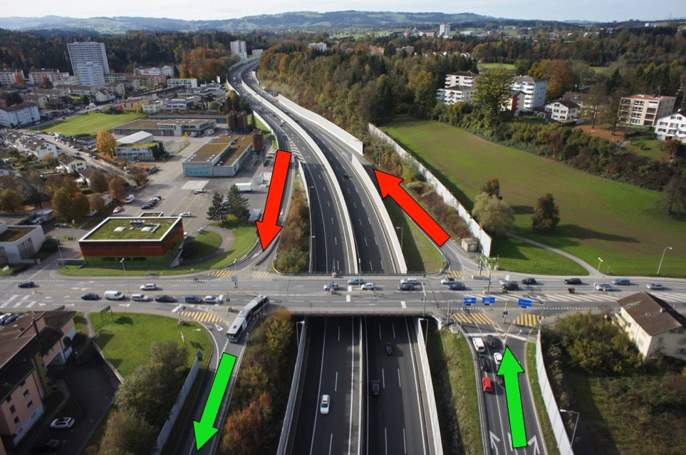 Die beiden rot gekennzeichneten Autobahnanschlüsse sind derzeit gesperrt. 