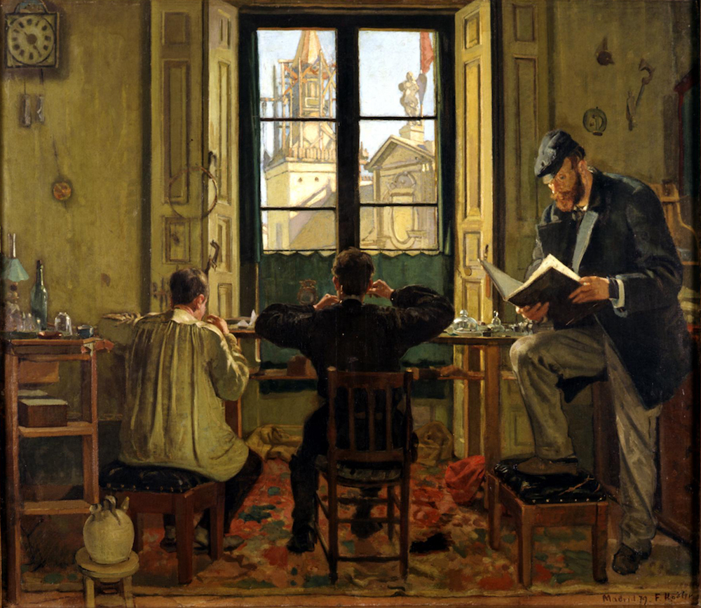 Ferdinand Hodler (1853–1918), Die Uhrmacherwerkstätte in Madrid, 1879 Öl auf Leinwand, 82 x 93 cm. Eigentum der Schweizerischen Eidgenossenschaft, Gottfried Keller- Stiftung, Bern