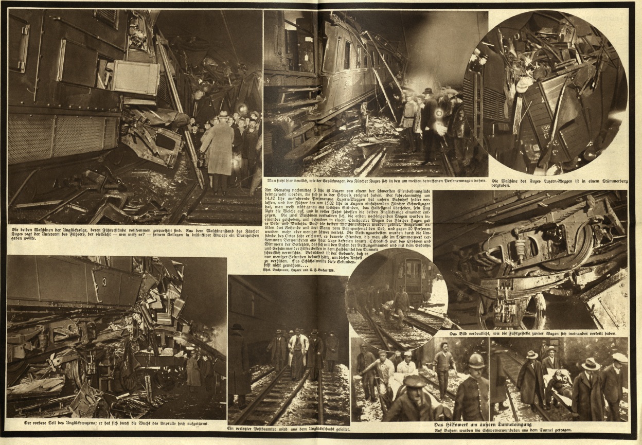 Eine Seite aus der Fotoreportage von 1932. Unten rechts die Retter im Einsatz beim Gütschtunnel.