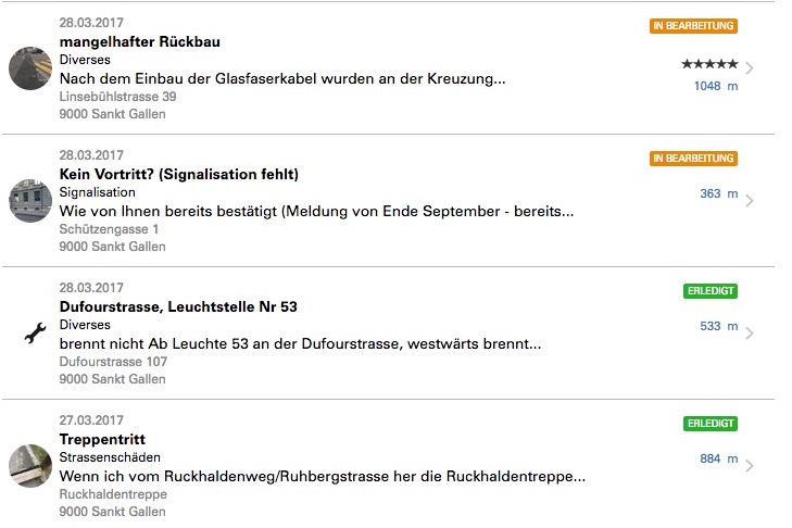 Beim «Stadtmelder» in St. Gallen gehen regelmässig Meldungen ein. (Screenshot: zentralplus)