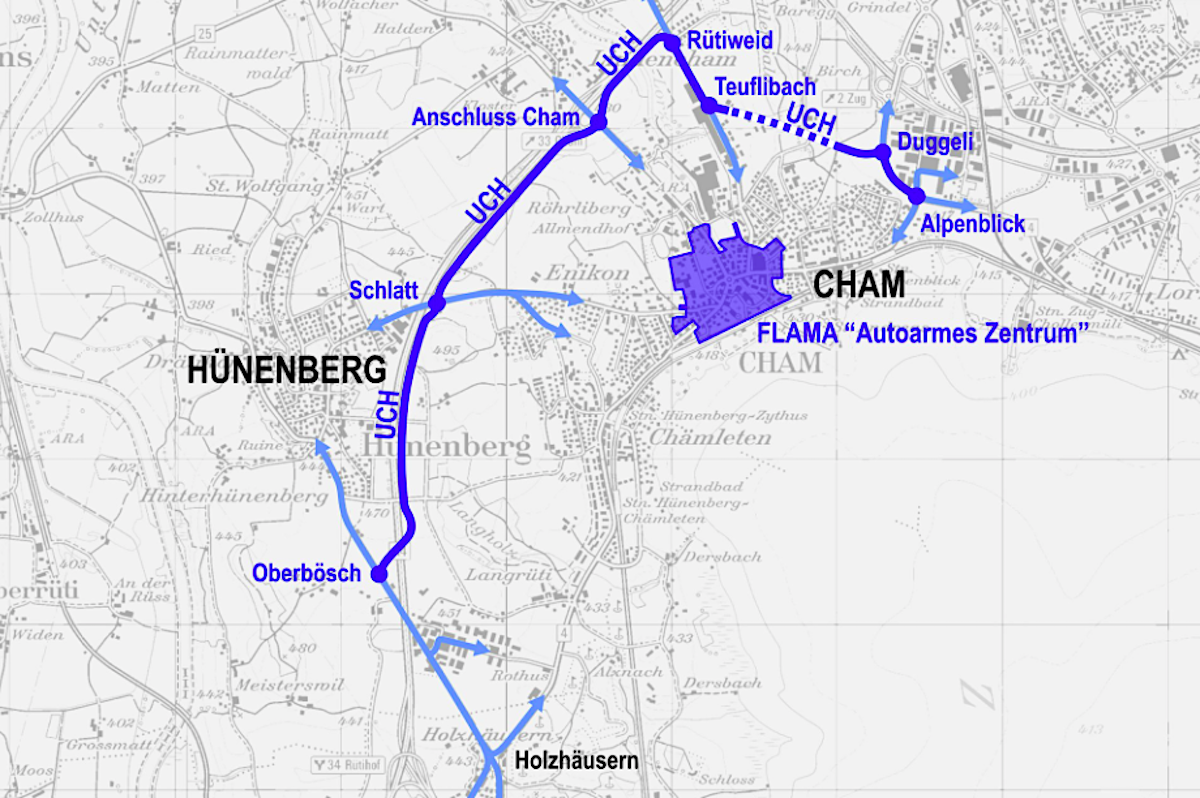 So soll die Umfahrung Cham-Hünenberg den Verkehr um Cham leiten.