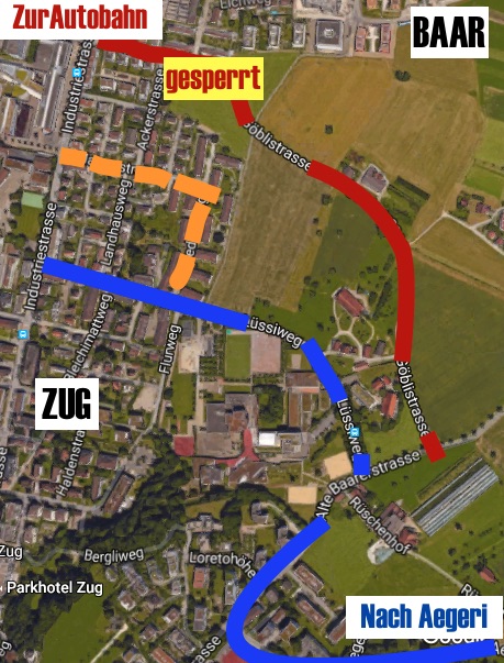 Rot: Göblistrasse (demnächst gesperrt), Blau: Lüssiweg–Alte Baarerstrasse–Loretostrasse–Aegeristrasse (offen), Orange: Schleichweg durchs Guthirt-Quartier via Mattenstrasse und Lauriedhofweg (für Transit gesperrt).