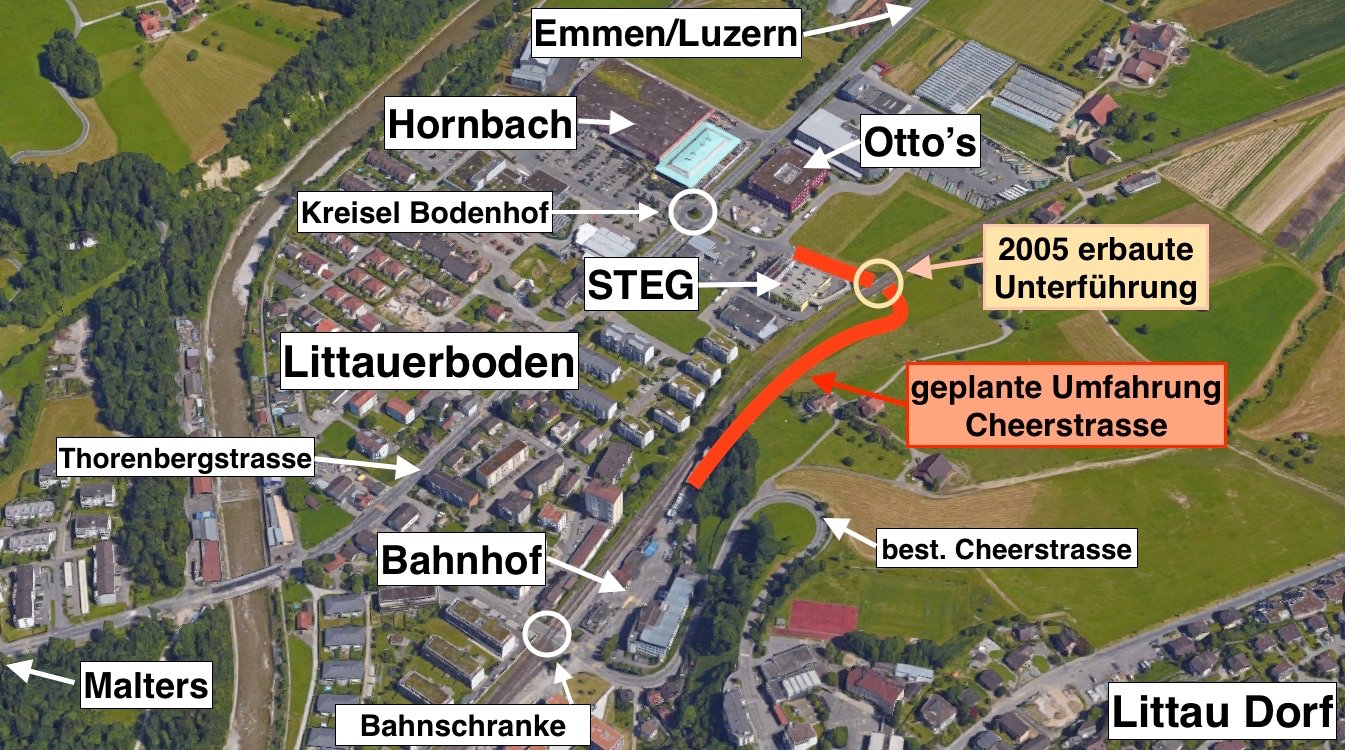 Rot eingezeichnet ist die Umfahrung Cheerstrasse. Gebaut wurde 2005 erst die Unterführung unter den SBB-Gleisen.