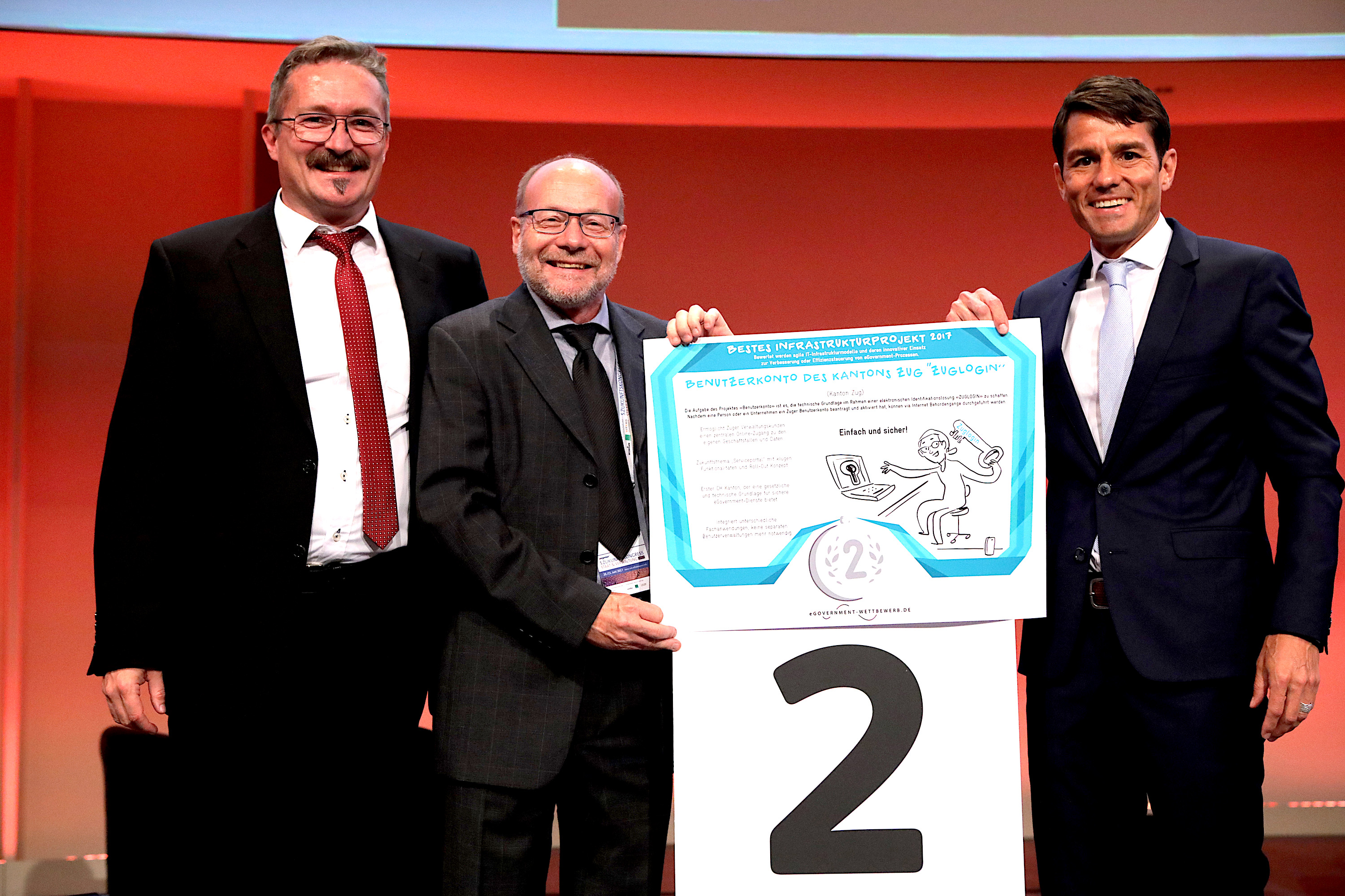 Das Zuglogin-Team bei der Preisverleihung in Berlin (v.l.): Patrick Hengartner, Vize-Generalsekretär der Zuger Finanzdirektion, Rudolf Gisler, Projektleiter, und Stephan Arnold, Leiter des AIO.