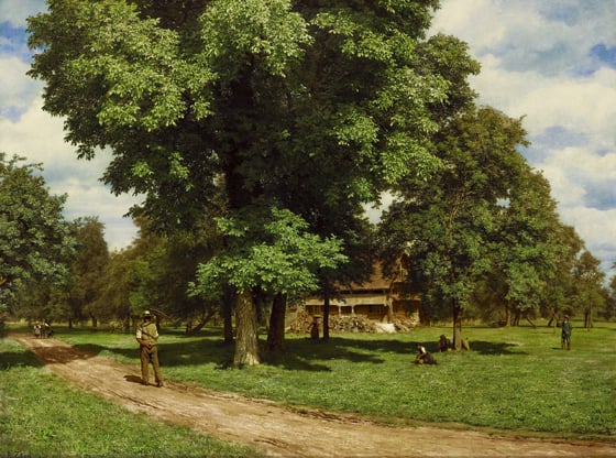 Robert Zünd, Haus unter Nussbäumen (Schellenmatt), 1863, Öl auf Leinwand.