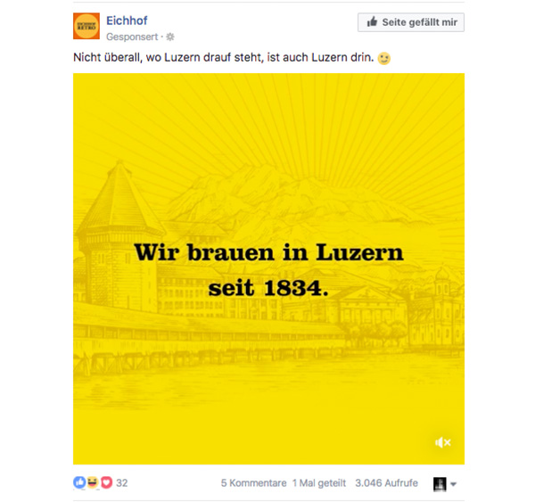 Eichhof reagiert auf «Lozärner Bier»-Urteil mit dieser Werbung auf Facebook.