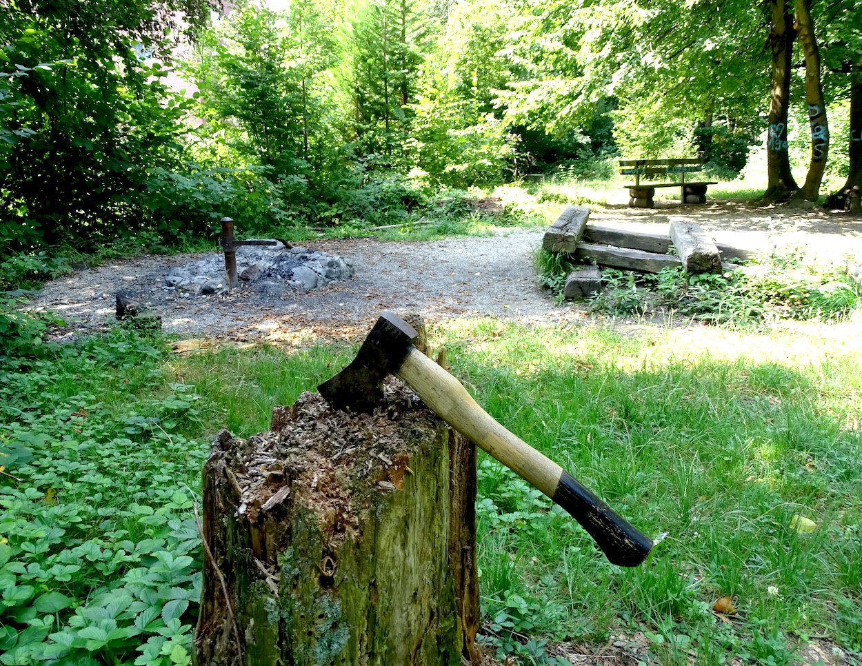 Sogar mit Holzbeil: Die Feuerstelle in der Nähe des Rotsees.