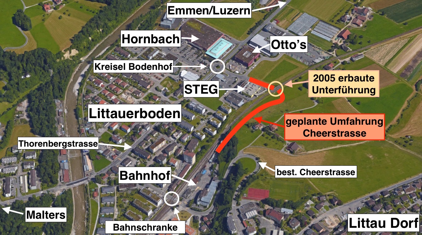 Rot eingezeichnet ist die Umfahrung Cheerstrasse. Gebaut wurde 2005 erst die Unterführung unter den SBB-Gleisen.