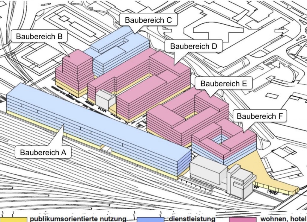 Die verschiedenen Etappen des Projekts. Das Hochhaus ist im Baubereich B vorgesehen.