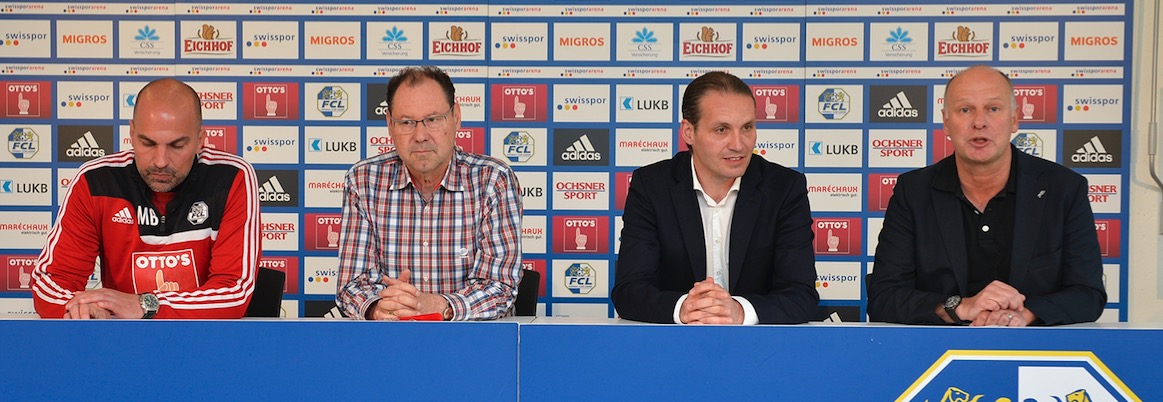 Sind beim FCL am Ruder. Von links: Trainer Markus Babbel, Medienchef Max Fischer, Sportkoordinator Remo Meyer und CEO Marcel Kälin.