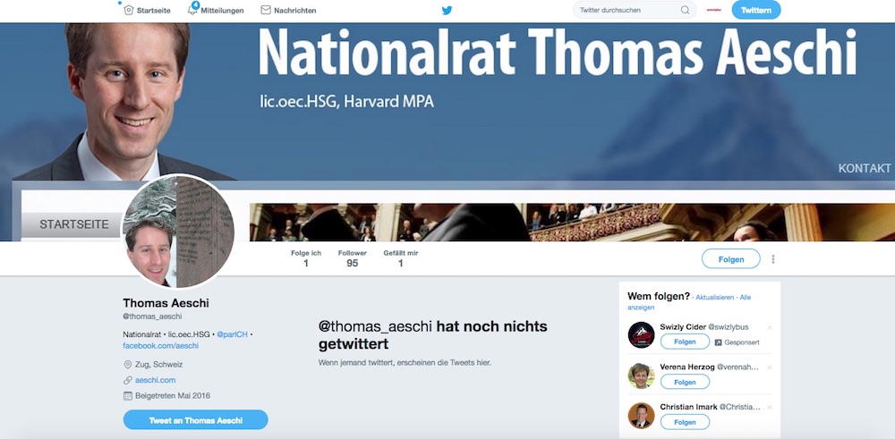 Der Twitter-Account von Thomas Aeschi. Schon 95 Follower, aber noch kein einzier Tweet.