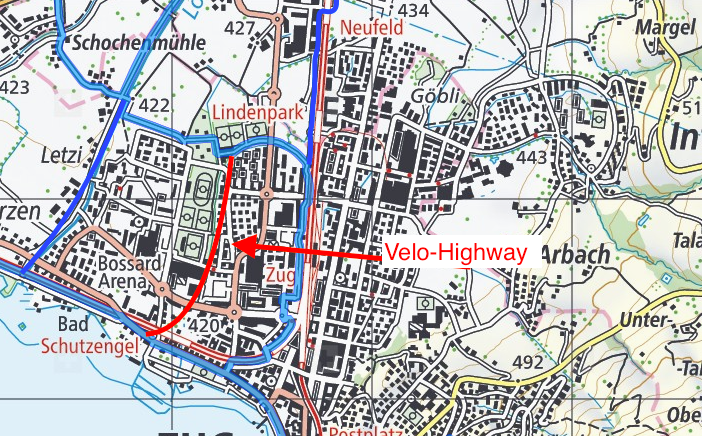 Veloweg-Hauptachsen in Zug: blau. Der geplante Velo-Highway: rot.