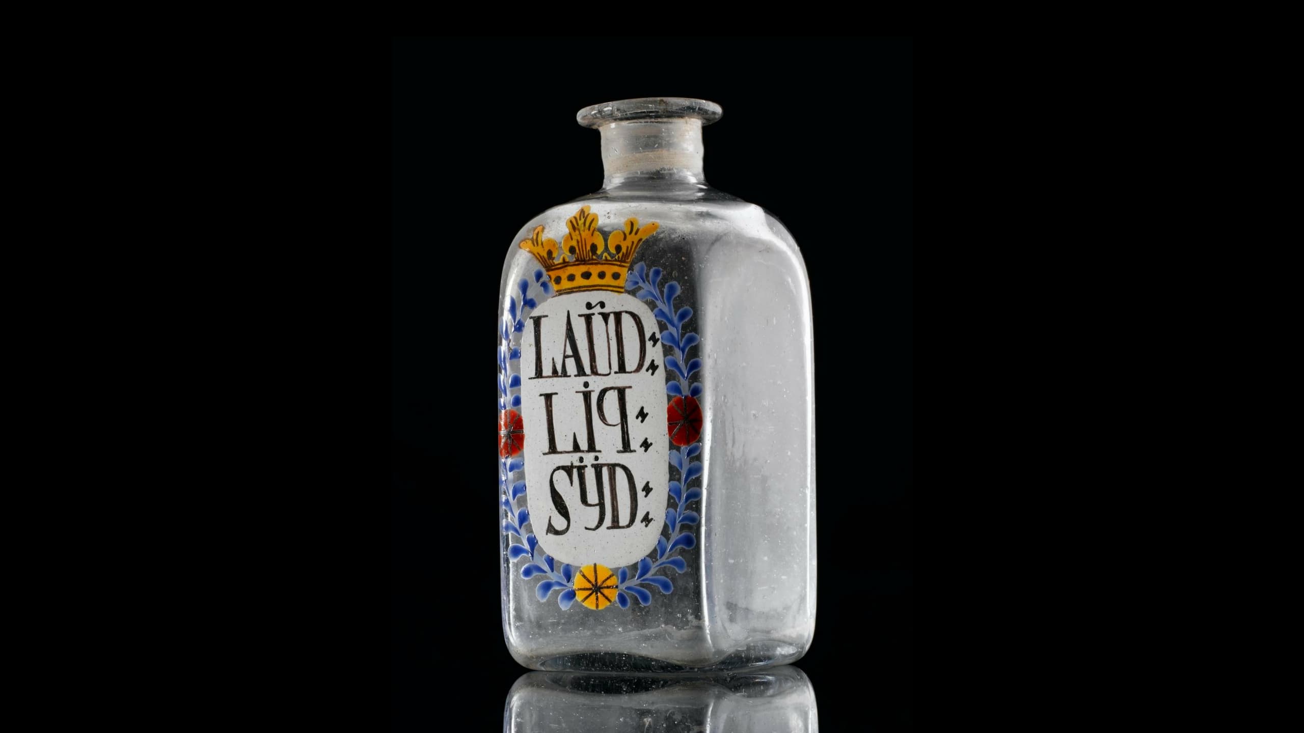 Apothekerflasche für Sydenham's Laudanum, mit gemalter Aufschrift LAUD: LIQ: SYD. Vermutlich Deutschland, 19. Jahrhundert.
