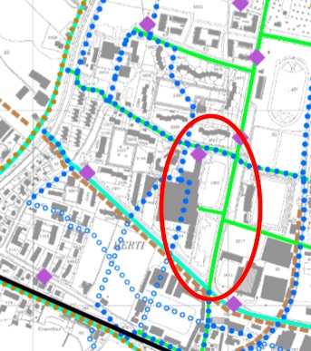 Verkehrsplanung: Hellgrün die städtischen Velowege, rot der Bereich, wo im Herti eine neue Gebäudezeile zur Erweiterung des Zentrums geplant ist.