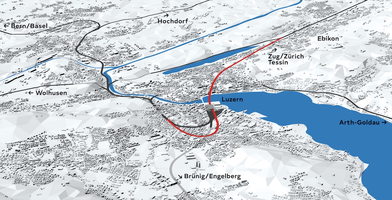 Unter dem See bis nach Ebikon: Die geplante Linienführung im Rahmen des Projekts Durchgangsbahnhof. (Visualierung: zvg)