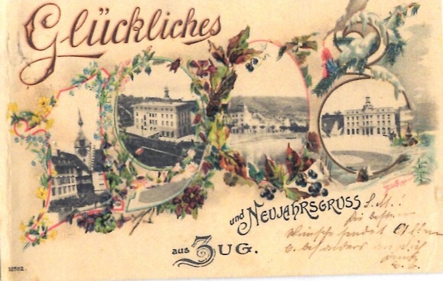 Das schmuckste Exemplar, wie wir finden: Eine Postkarte zum Jahreswechsel 1908, inklusive Abbildungen von Zytturm und Haupttpost.