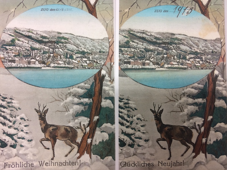 Der doppelte Hirsch in Zug: Wer Pech hatte, bekam die gleiche Karte zu Weihnacht und Neujahr.