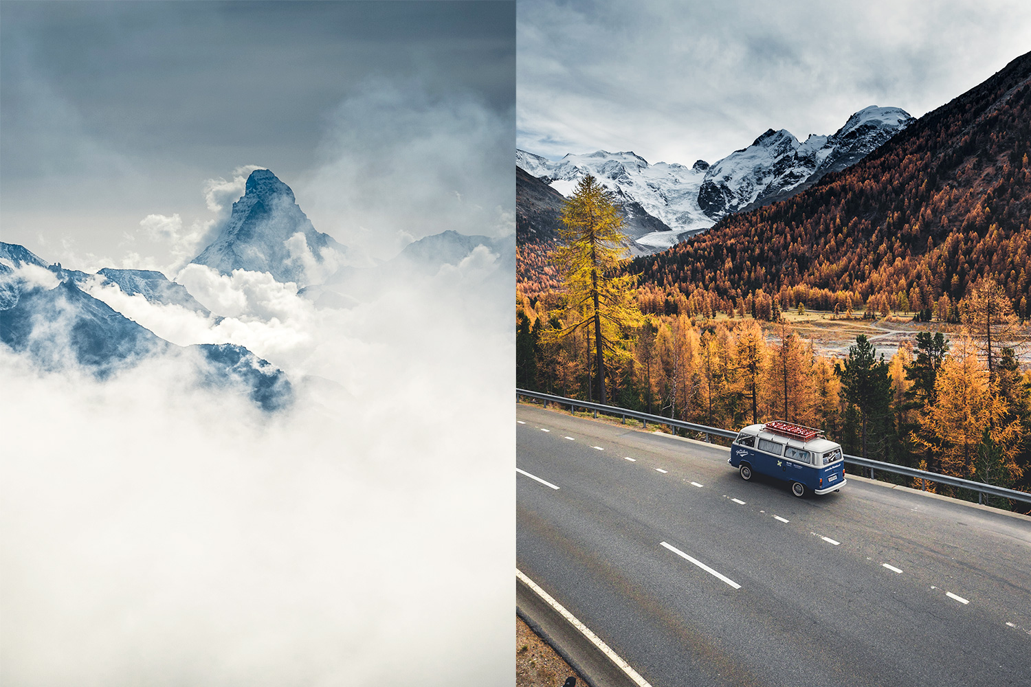 Links: Das Matterhorn vom Aletschgletscher aus fotografiert. Rechts: Herbstfarben im Engadin beim Morteratschgletscher.