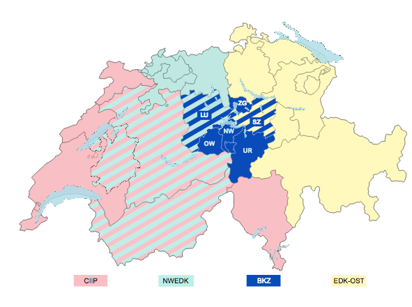 Die Gebiete der vier regionalen Erziehungsdirektorenkonferenzen in der Schweiz.