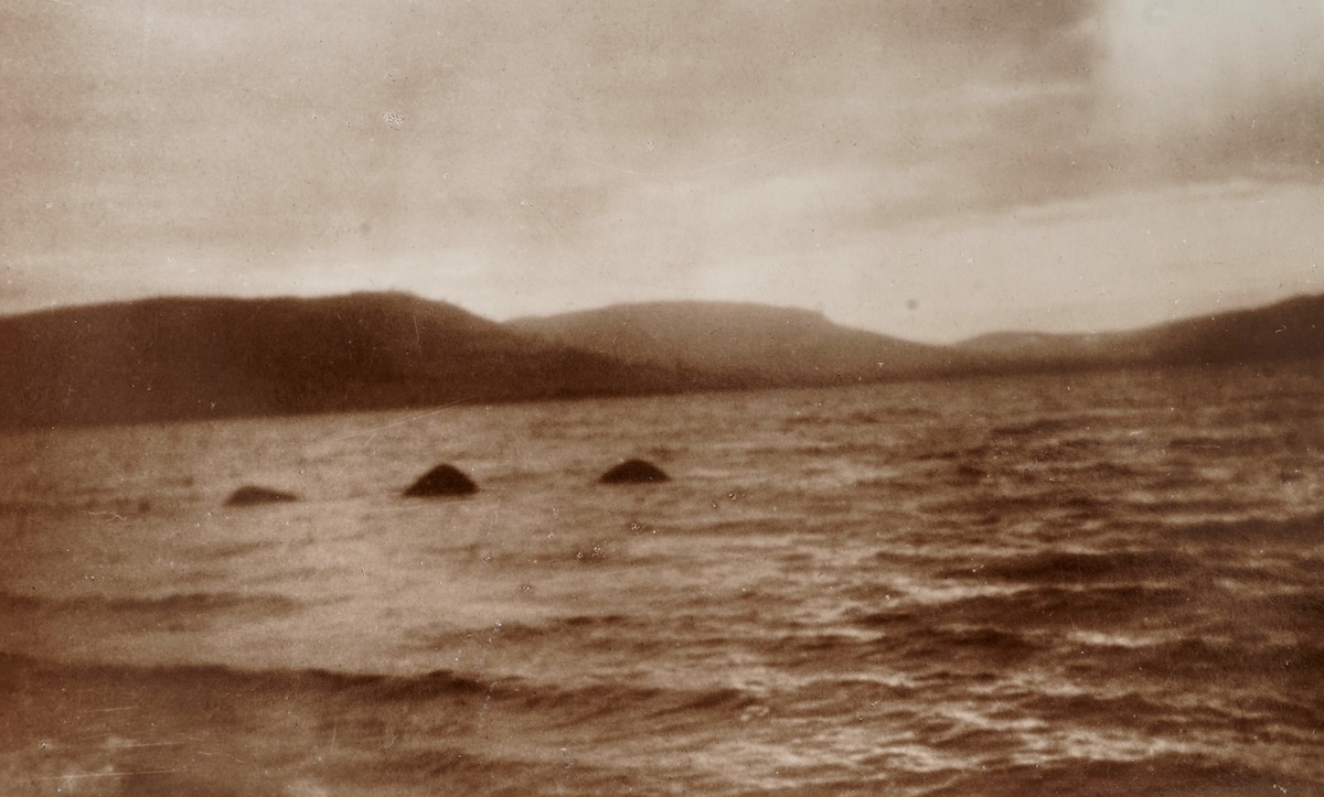 Fotografie des Monsters von Loch Ness, aufgenommen von Lachlan Stuart am 14. Juli 1951 in der Nähe von Whitefield. Nach einer zeitgenössischen Postkarte.