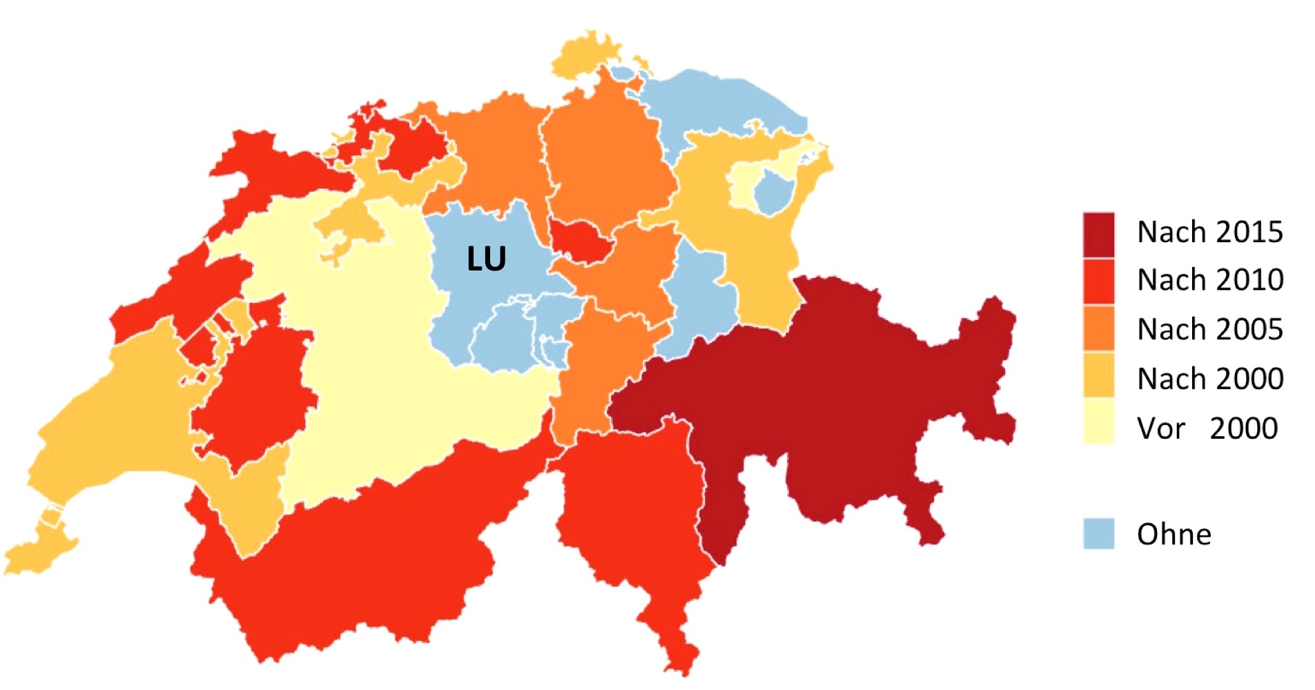 Die meisten Kantone haben das Öffentlichkeitsprinzip in den letzten knapp 20 Jahren eingeführt. Luzern bildet mit Ob- und Nidwalden, Thurgau, Glarus und Appenzell Innerhoden die Ausnahme. (Grafik: zentralplus)