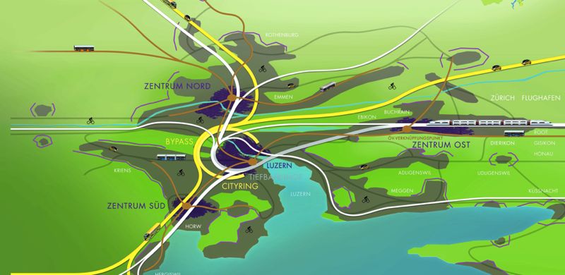 Der Cityring (gelb in der Mitte) und der Bypass (gelb aussen) sollen Stadt und Agglomeration entlasten.
