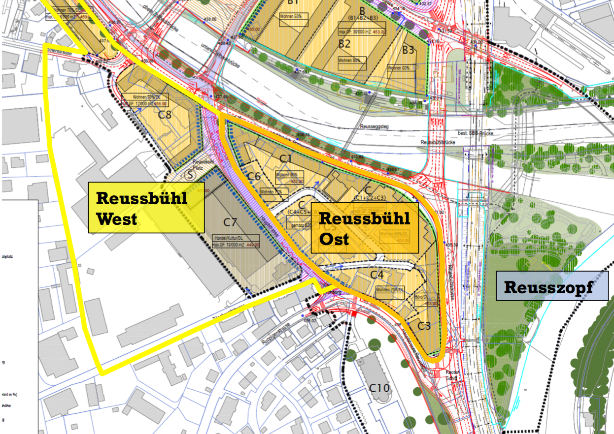 Die beiden Quartiere Reussbühl West und Ost – getrennt durch die verkehrsberuhigte Hauptstrasse.