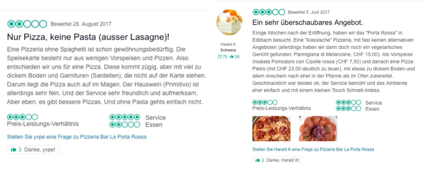 Die schlechten Bewertungen der alten Pizzeria «Porta Rossa». Wie es in Eldibach weitergeht, bleibt abzuwarten.