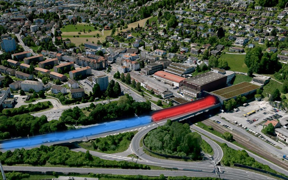 Eingang zum Sonnenbergtunnel zwischen Luzern und Kriens: Diese Ein-/Ausfahrt würde mit dem Bypass doppelt so breit. Das Astra ist bereit, die ersten 100 Meter (rot eingefärbt) zu überdeckeln. Die Krienser verlangen eine viel längere Überdachung.