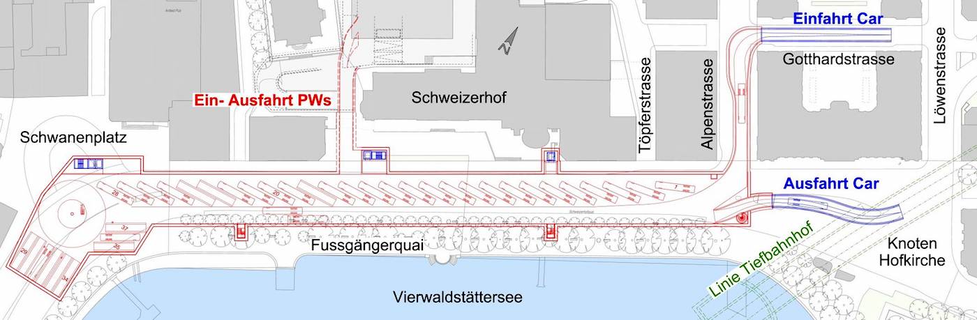 Die Einfahrt der Cars würde über eine Rampe auf der Alpenstrasse führen, die Ausfahrt über eine Rampe bei der Hofkirche.