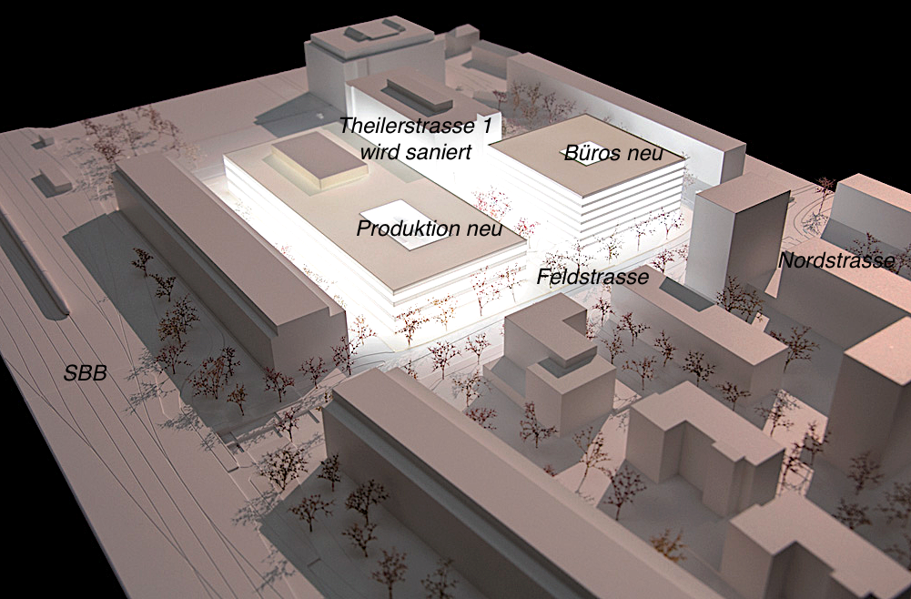 So sieht der neue Siemens-Campus in Zug zwischen Nordstrasse, Feldstrasse und Theilerstrasse im Modell aus.