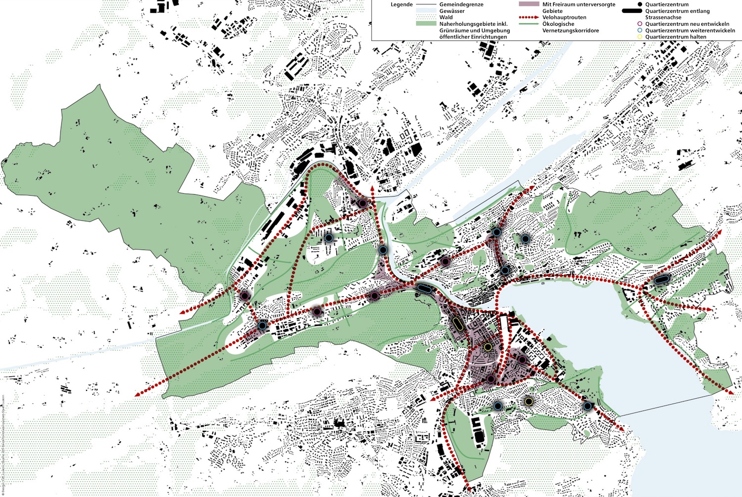 Karte der Stadt Luzern mit Freiräumen, Velorouten (rot) und Quartierzentren.