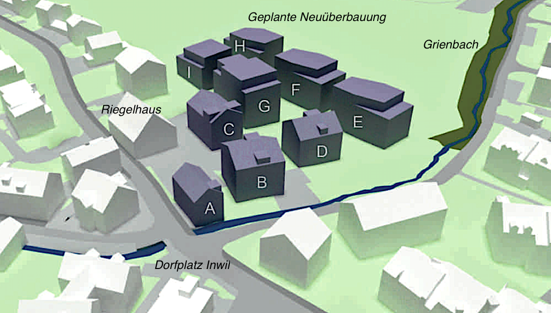 Recht klotzig: So soll die neue Überbauung im Dorfzentrum Inwil neben dem Riegelhaus aussehen.