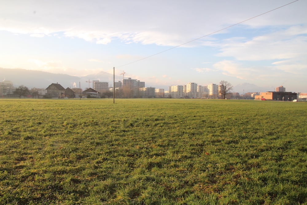 Riesig: Auf diesem Areal plant die Gemeinde Baar das neue Gewerbegebiet Unterfeld-Nord. Im Hintergrund ist die Zuger Überbauung Feldhof zu sehen, ganz rechts, vor dem WWZ-Stromwerk, verläuft die Nordzufahrt auf die Autobahn.