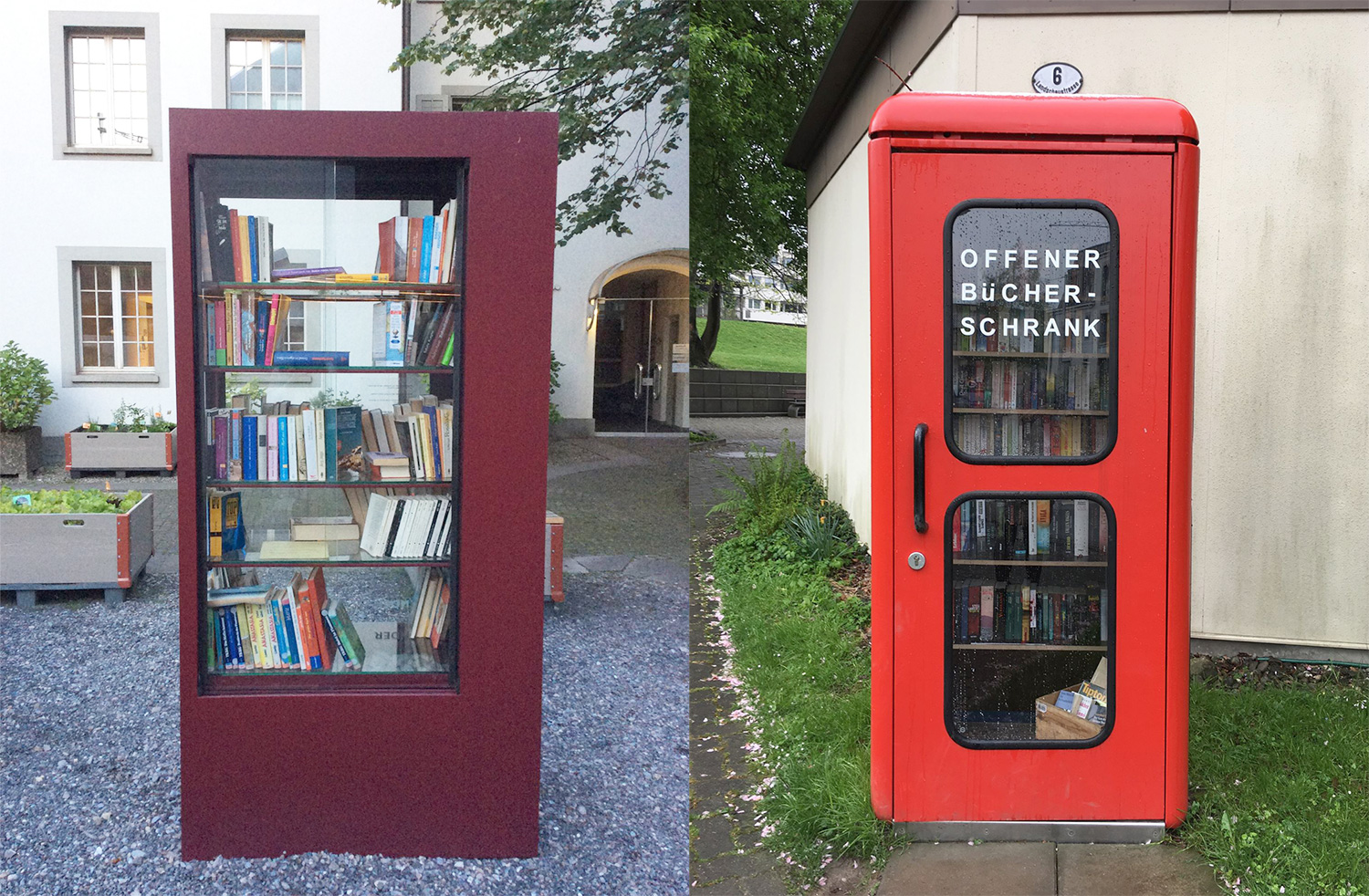 Bestehende Bücher-Tauschstationen im Sentitreff (links) und im Wesemlin.