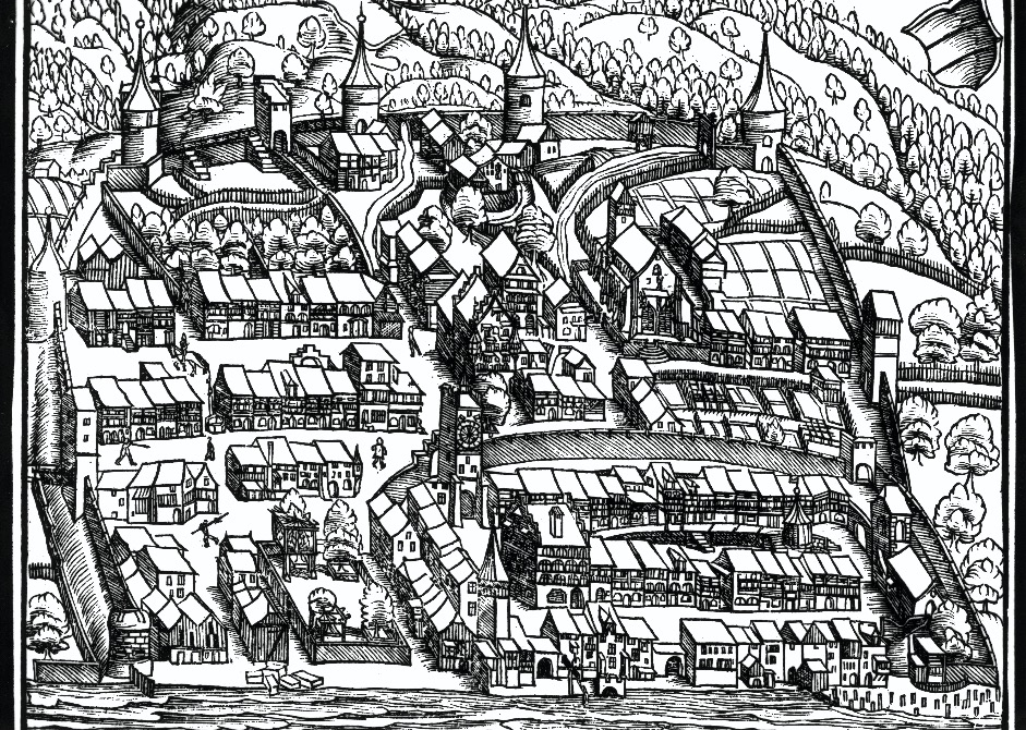 Ansicht der Stadt Zug in der Chronik des Johannes Stumpf 1547. Der Geissweidturm ist der Rundturm am linken Bildrand.